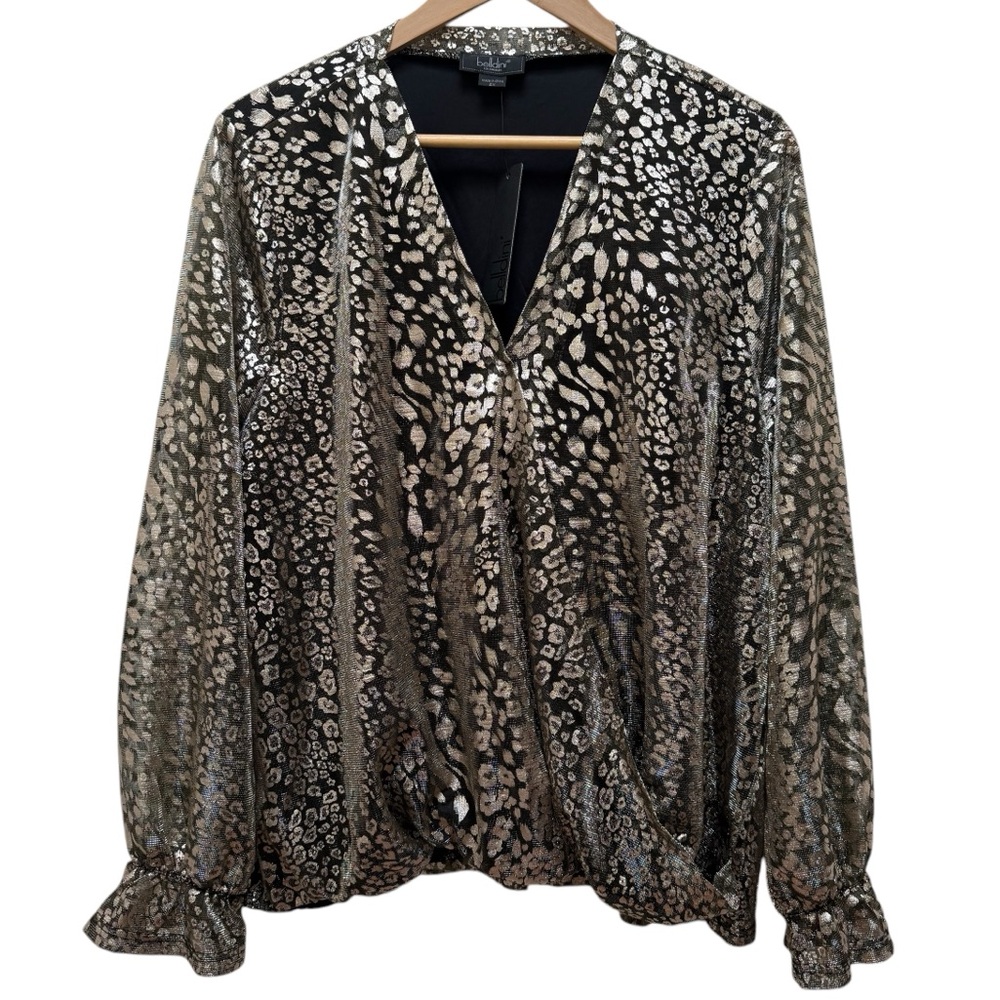 Belldini Black and Gold Cheetah Print Long Sleeve Wrap Blouse